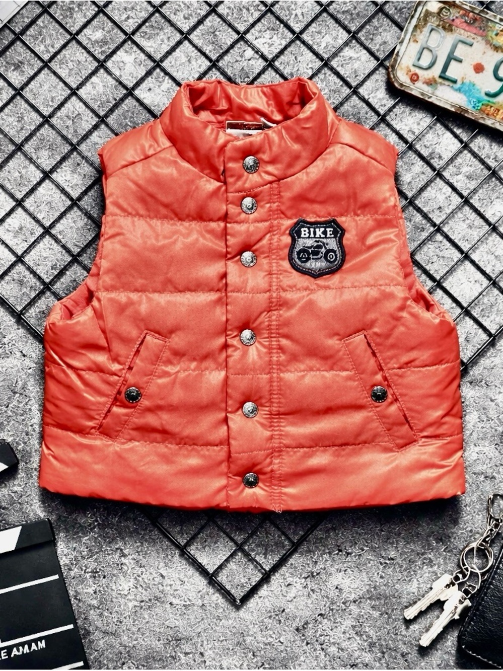 Kids Burnt  Orange Puffer Vest with Bike Patch